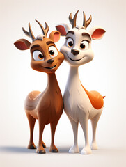 Two 3D Cartoon Antelopes in Love on a Solid Background