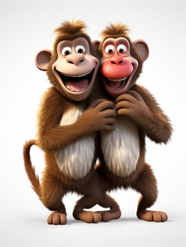 Two 3D Cartoon Baboons in Love on a Solid Background