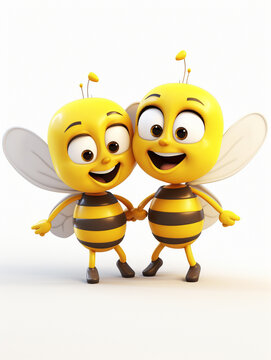 Two 3D Cartoon Bees in Love on a Solid Background