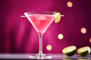  a pink drink with a lime slice on the rim and a purple background.  generative ai