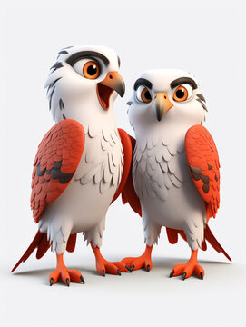 Two 3D Cartoon Falcons in Love on a Solid Background