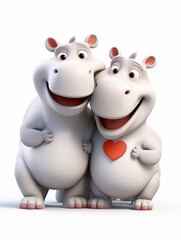 Two 3D Cartoon Hippos in Love on a Solid Background