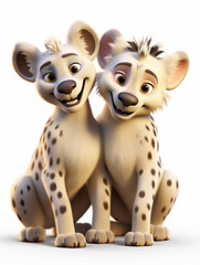 Two 3D Cartoon Hyenas in Love on a Solid Background