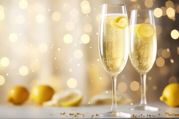  two glasses of champagne with lemons and a blurry background.  generative ai