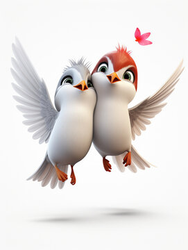 Two 3D Cartoon Hummingbirds in Love on a Solid Background