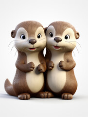 Two 3D Cartoon Otters in Love on a Solid Background