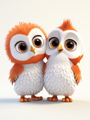 Two 3D Cartoon Owls in Love on a Solid Background