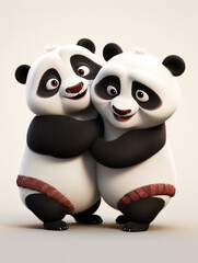 Two 3D Cartoon Pandas in Love on a Solid Background