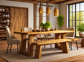 Fototapeta na wymiar Create a realistic 3D rendering of a rustic wooden dining table placed in a cozy interior, featuring a blurred background to emphasize the table's natural wood grain and warm tones.