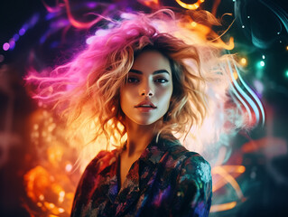 Obraz premium Enchanting Woman: A Captivating Performance Amidst a Colorful, Vivid System with Bright Lighting and Dynamic Elements