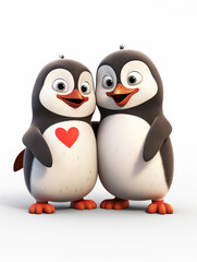 Fototapeta premium Two 3D Cartoon Penguins in Love on a Solid Background