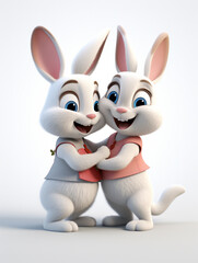Two 3D Cartoon Rabbits in Love on a Solid Background