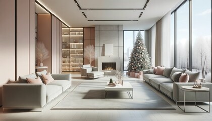 A cozy christmas den adorned with a majestic tree and crackling fireplace, surrounded by sleek furniture on a stylish floor and framed by elegant walls and a high ceiling - obrazy, fototapety, plakaty