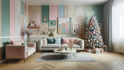 A cozy and festive living room, adorned with a beautifully decorated christmas tree, invites you to sink into the plush couch and soak up the warmth of the season's spirit