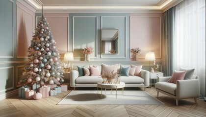 A cozy holiday oasis, the living room is adorned with a sparkling christmas tree and plush couch, surrounded by stylish interior design elements and illuminated by warm indoor lights