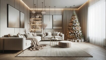 A cozy winter wonderland of festive decorations, with a magnificent christmas tree taking center stage in a stylishly designed living room, the magic of the holiday season indoors