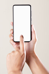 Finger touch blank screen smartphone on grey background