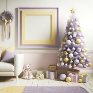 Immersed in the vibrant hues of purple and yellow, a festive christmas tree stands tall in a cozy room adorned with a plush couch, a picture frame on the wall, and scattered pillows