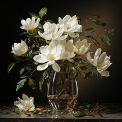 Beautiful still life, white  magnolia flowers in glass vase - obrazy, fototapety, plakaty
