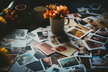 Fototapeta na wymiar Vintage photo album on wooden table with sunflowers in vase