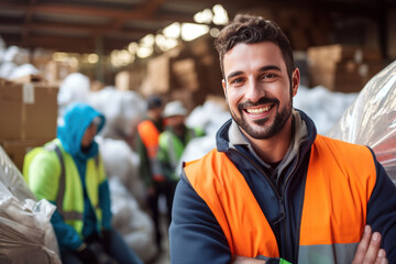 Fototapeta premium Smiling male worker in warehouse with safety vest