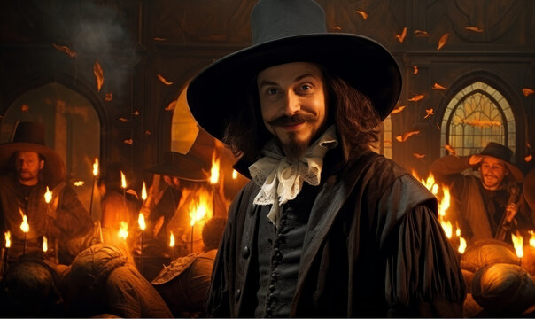 Fictional portrait of Guy Fawkes now celebrated through bonfire night in the UK