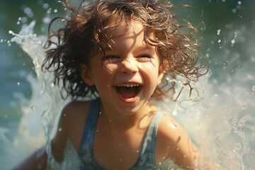 Fototapeta na wymiar A child's beaming smile radiates pure happiness as they playfully splash and kick in the bathwater, embracing the joy of innocence. 