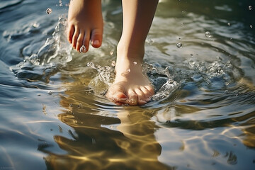 The bathwater ripples as the child's tiny feet make waves, creating a mesmerizing display of movement and discovery.  - obrazy, fototapety, plakaty