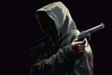 Man in hood holding gun. Concept of crime and firearm attack with adult man - obrazy, fototapety, plakaty