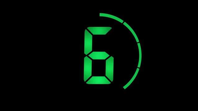 Countdown from 10 to 0 on a black background with green LED numbers