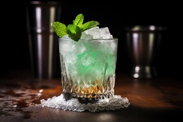  a green drink with ice and a mint on a wooden table.  generative ai