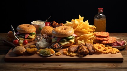 Fast food on wooden tabletop. snack on the board.