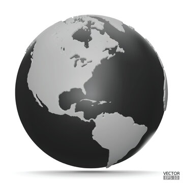 3D Earth Globes with shadow on white background. white, Black Modern world map. World planet. Travel around the world, Earth Day, or environment conservation concept. 3D vector illustration.