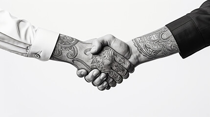Tattoo Handshake two businessmen signifies successful agreement White Background. Generative AI - obrazy, fototapety, plakaty