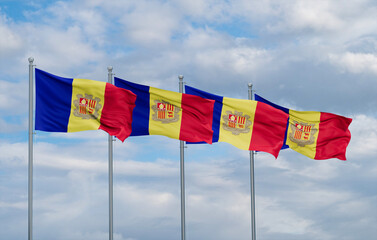 Andorra four flags in row, multiple flags in line