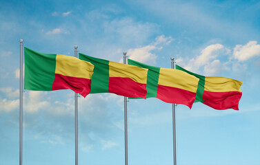 Benin four flags in row, multiple flags in line
