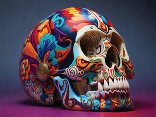 A colorful skull with a multicolored pattern is shown