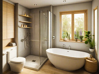 Fototapeta na wymiar a luxurious and spacious master bathroom with a contemporary spa-like feel, featuring a freestanding bathtub, dual vanities, and a walk-in shower, all bathed in natural light.