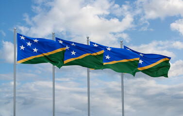 Solomon Islands four flags in row, multiple flags in line
