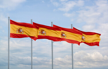 Spain four flags in row, multiple flags in line