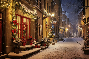 Fototapeta na wymiar Beautiful evening Christmas alley in the old town in Europe