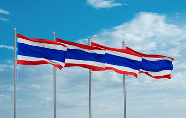 Thailand four flags in row, multiple flags in line