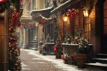 Fototapeta premium Christmas and New Year holidays background. Christmas decorations on the street in European town.