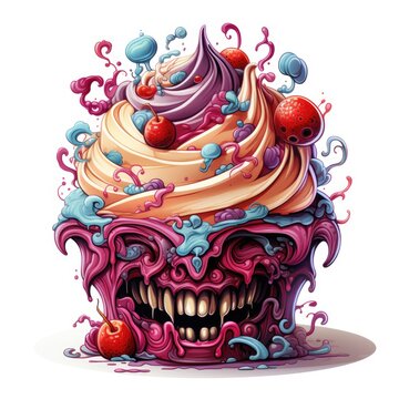 Cupcake monster with an evil smile cartoon halloween. Generative AI