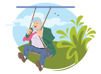 Older man on rope swing. Illustration for internet and mobile website.