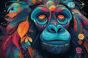 a vibrant and surreal illustration featuring a vibrant gorilla with psychedelic colors and abstract patterns. Generative AI - obrazy, fototapety, plakaty