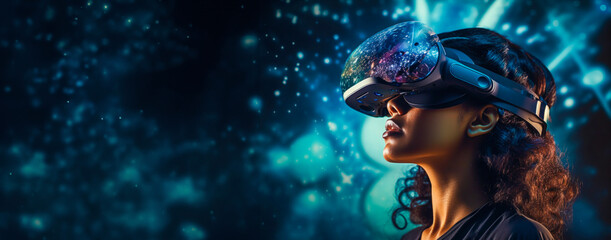 Young pretty girl wearing VR headset, Virtual reality and augmented reality concept, copy space 