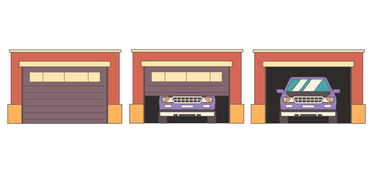 Garage home house door open steps parking front view isolated set. Vector flat graphic design illustration