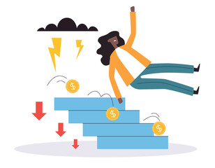 Business worker fall stairs career fail stairway concept. Vector flat graphic design illustration