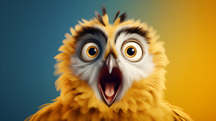 Fototapeta premium Surprised yellow owl with large eyes, fluffy feathers, and an open beak, set against a smooth colorful background